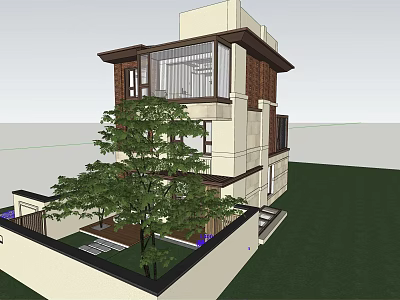 Modern Detached Villa With Two Story Structure Large Glass Windows And Courtyard Green Plants 3d model