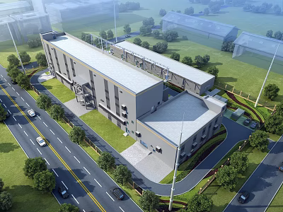 Modern Industrial Factory Complex With Surrounding Greenery Roads Vehicles And Parking Area 3d model
