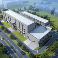 Modern Industrial Factory Complex With Surrounding Greenery Roads Vehicles And Parking Area