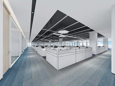 Spacious Public Office Space With White Cubicles Blue Carpet And Black Grid Ceiling 3d model