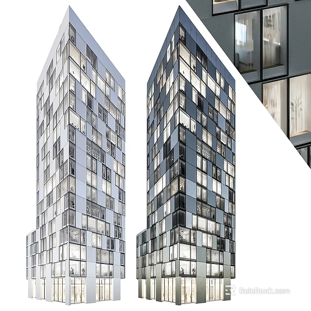 Two Modern High Rise Residential Buildings with Glass Facade and Window Design 3d model 