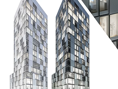 Two Modern High Rise Residential Buildings with Glass Facade and Window Design 3d model