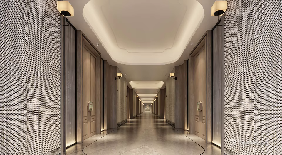 Modern Hotel Corridor Interior With Ceiling Lighting And Wooden Doors 3d model 
