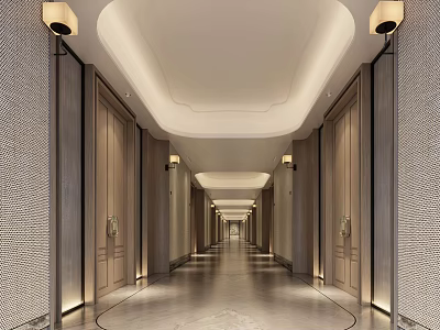 Modern Hotel Corridor Interior With Ceiling Lighting And Wooden Doors 3d model