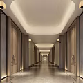 Modern Hotel Corridor Interior With Ceiling Lighting And Wooden Doors