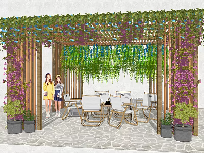 Garden Landscape With Wooden Pergola Climbing Vines Outdoor Seating And Potted Plants 3d model