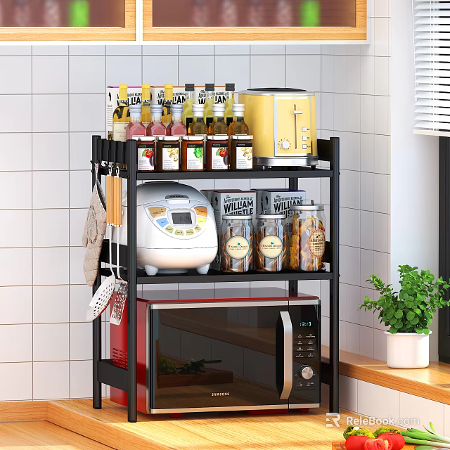 Kitchen Appliances Organized on Black Shelf with Toaster Rice Cooker Microwave and Spice Jars 3d model 