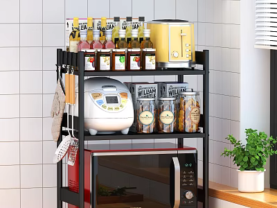 Kitchen Appliances Organized on Black Shelf with Toaster Rice Cooker Microwave and Spice Jars 3d model