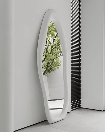 Contemporary Mirror Design With Unique Curved Shape Reflecting Green Tree And Black Accent Wall 3d model