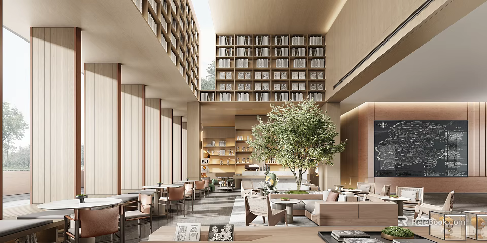 Modern Leisure Area With Large Bookshelves Cozy Sofas Coffee Tables And Green Plant 3d model 
