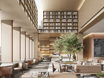 Modern Leisure Area With Large Bookshelves Cozy Sofas Coffee Tables And Green Plant 3d model