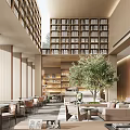 Modern Leisure Area With Large Bookshelves Cozy Sofas Coffee Tables And Green Plant