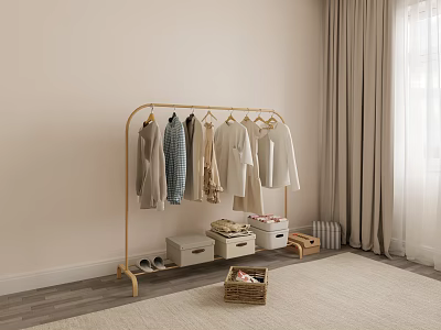 Golden Metal Clothes Rack With Hanging Garments Storage Boxes And Wicker Basket 3d model