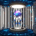 Activity Passage with Astronaut in White Spacesuit Blue Purple Helmet Illuminated Lines Blue Starry Lighting
