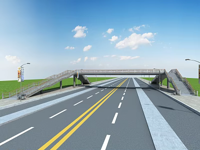 Modern Highway Bridge With Traffic Lanes Street Lamps And Green Grass Under Blue Sky 3d model