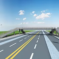 Modern Highway Bridge With Traffic Lanes Street Lamps And Green Grass Under Blue Sky