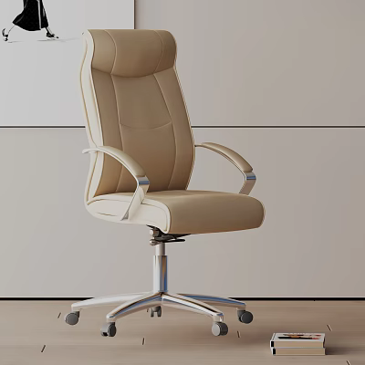 Beige Leather Office Chair Modern Ergonomic Design With Adjustable Backrest And Metal Base Swivel Casters 3d model