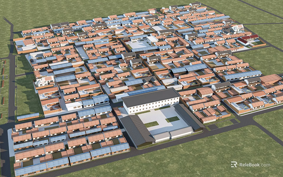 Aerial View of Neatly Arranged Red Roof Houses with Central White Building and Green Grassland 3d model 