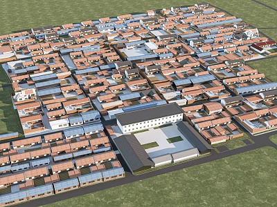 Aerial View of Neatly Arranged Red Roof Houses with Central White Building and Green Grassland 3d model