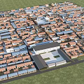 Aerial View of Neatly Arranged Red Roof Houses with Central White Building and Green Grassland
