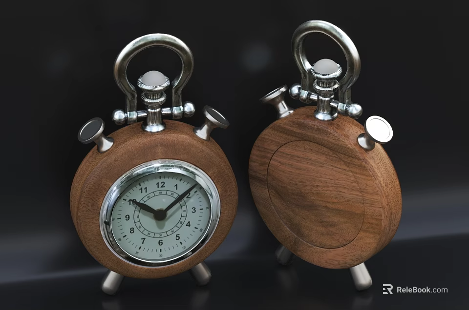 Wooden Alarm Clocks With Silver Metal Bells Stands And White Dial 3d model 