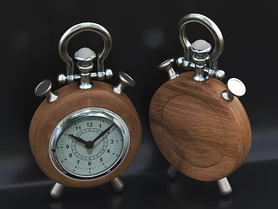 Wooden Alarm Clocks With Silver Metal Bells Stands And White Dial 3d model