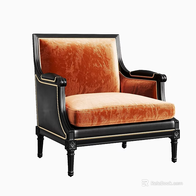 Classic Orange Velvet Accent Chair With Black Frame And Gold Decorative Trim 3d model 