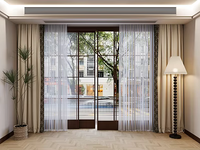 Modern Home Interior With Sheer And Beige Curtains By Large Window 3d model