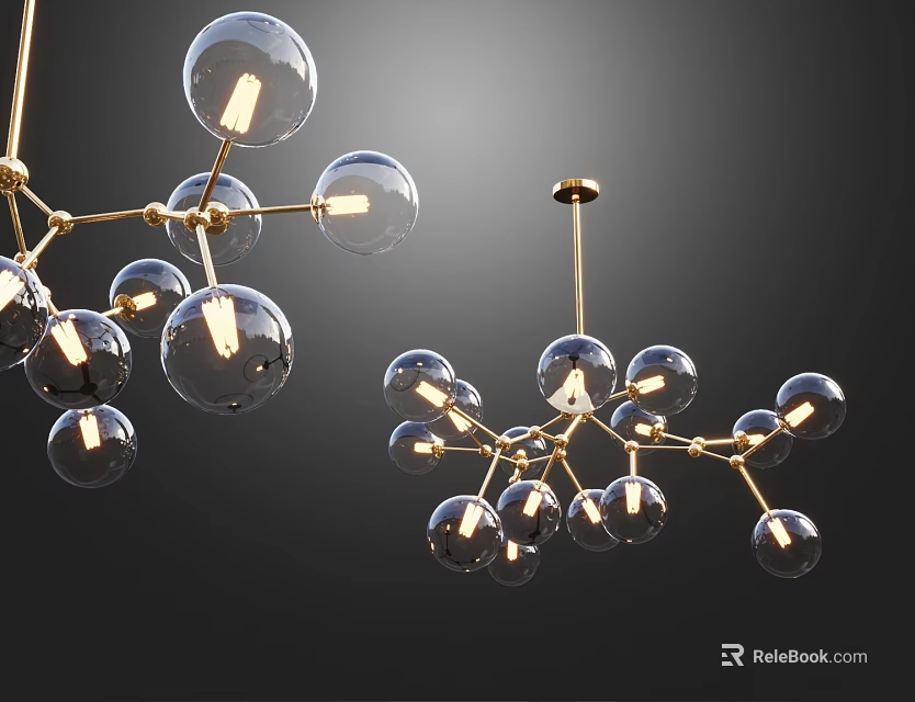 Modern Chandelier Featuring Spherical Glass Bulbs And Golden Hanging Frame Design 3d model 