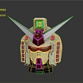 Robot Character Head with Mechanical Design White Body Red Top Pointed Horns and Green Eyes