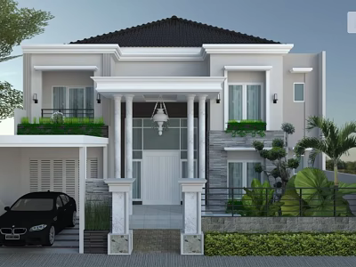 Modern Detached Villa Exterior Design With White Facade Black Roof Pillared Porch And Landscaped Garden 3d model