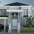 Modern Detached Villa Exterior Design With White Facade Black Roof Pillared Porch And Landscaped Garden