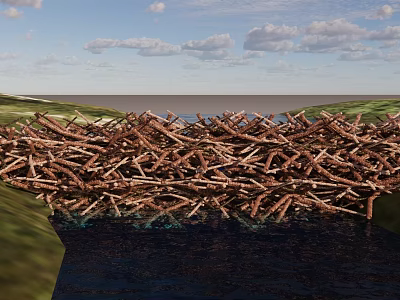 Natural Branch Bridge Spanning Over Calm Water With Green Grassland Sides Under Cloudy Blue Sky 3d model