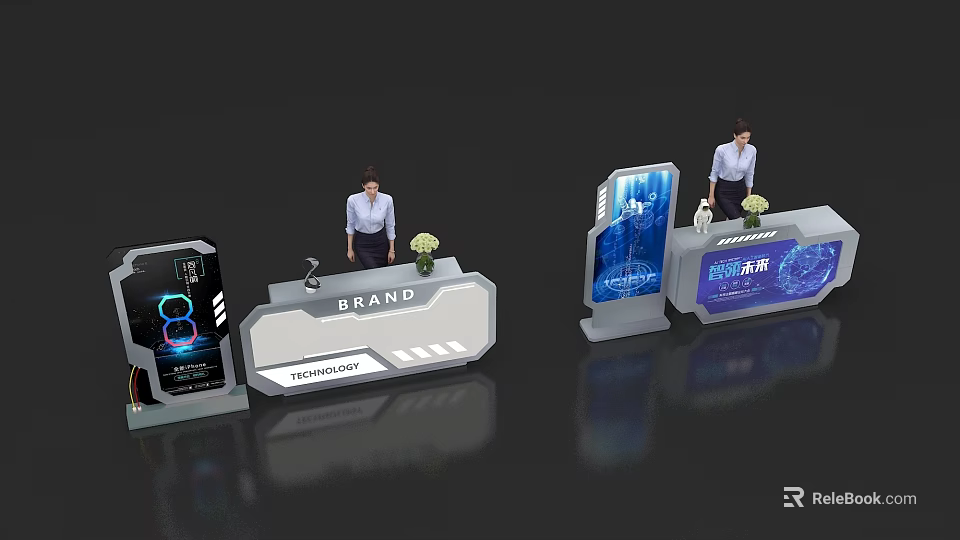 Modern Functional Desk Setup With Digital Screens Brand Logo And Staff 3d model 