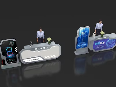 Modern Functional Desk Setup With Digital Screens Brand Logo And Staff 3d model
