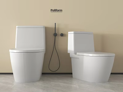Two White Palform Toilets With Black Handheld Bidet Sprayer On Light Wall Gray Floor 3d model