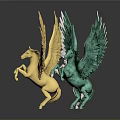 Three Colorful Pegasus Sculptures Displayed in White Golden and Green Hues