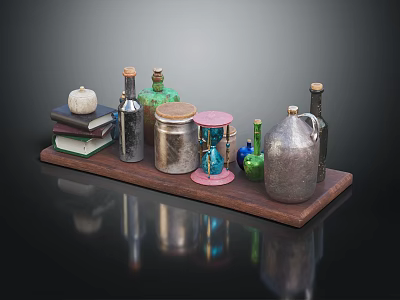 Decorative Ornament Set With Wooden Tray Books Pumpkin Bottles Hourglass And Metal Canisters 3d model