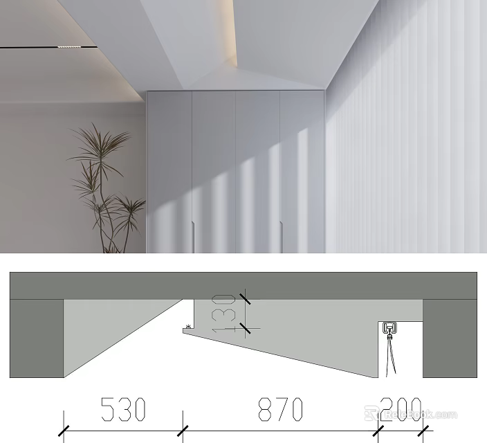 Modern Ceiling Design In Minimalist Interior With Cabinetry And Plant 3d model 
