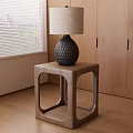 Modern Geometric Wooden Side Table With Linen Shade Lamp And Oak Cabinet