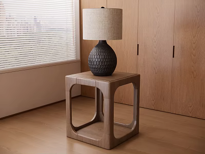 Modern Geometric Wooden Side Table With Linen Shade Lamp And Oak Cabinet 3d model