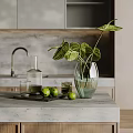 Decorative Ornaments Set with Green Plant Glass Vase Cups and Limes on Kitchen Countertop