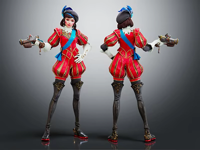 Detailed Red Outfit Character Design With Blue Accents Hat Holding Object Front Back Views 3d model