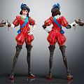 Detailed Red Outfit Character Design With Blue Accents Hat Holding Object Front Back Views