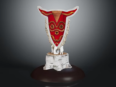 Red Shield Shaped Decorative Furniture Piece With Golden Decoration And White Tree Stump Base 3d model