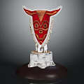 Red Shield Shaped Decorative Furniture Piece With Golden Decoration And White Tree Stump Base