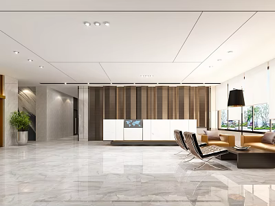 Modern Front Desk Reception Area With White Counter Seating And Decorative Plants 3d model