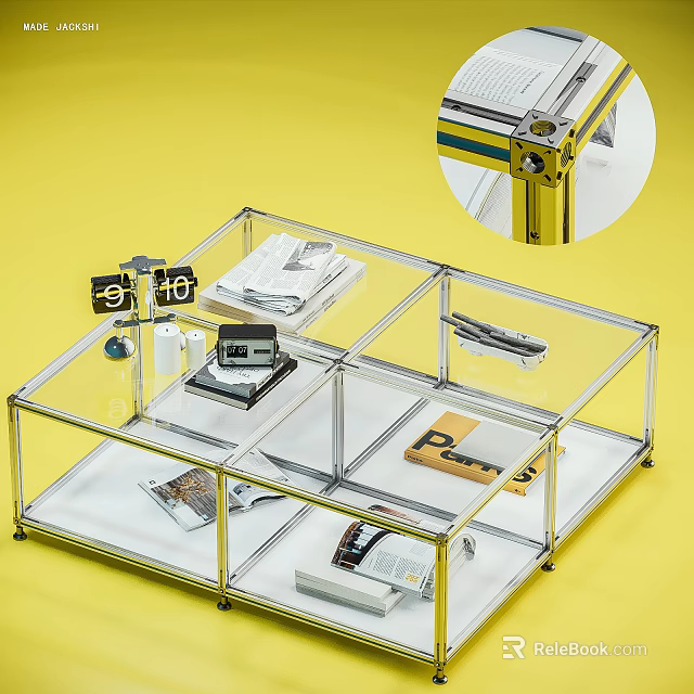 Transparent Glass Coffee Table With Compartments Holding Magazines Camera And Keys On Yellow Background 3d model 