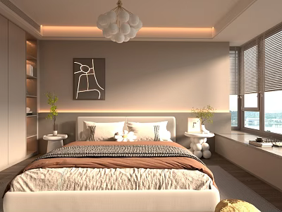 Modern Bedroom Interior With Double Bed Brown White Striped Bedding Nightstands Plants And Chandelier 3d model