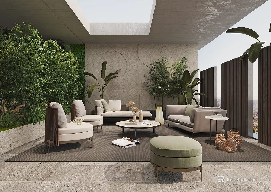 Modern Home Balcony Outdoor Design With Skylight Green Plants Sofa Armchairs Coffee Table And Ottoman 3d model 